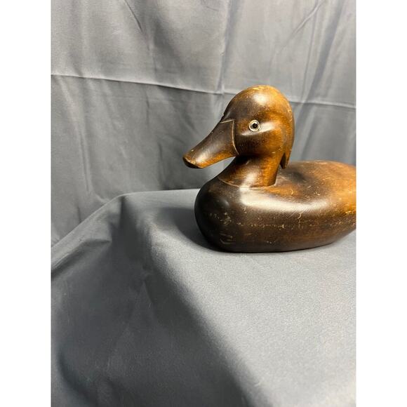 Vintage Large Hand Carved Wooden Duck Decoy with Glass Eyes Dark Wood - Picture 2 of 6